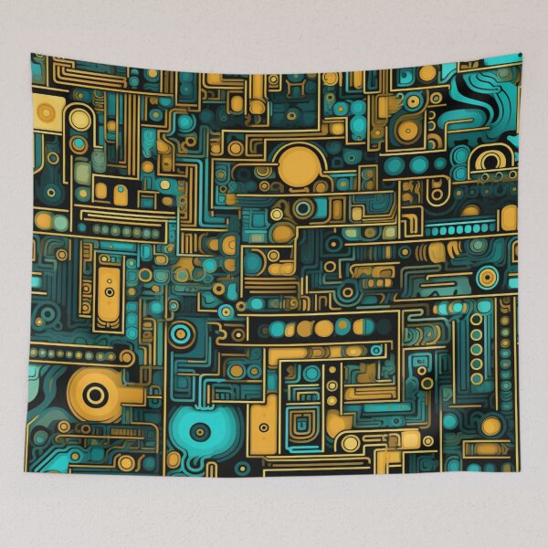 Item preview, Colorful fantasy pattern orange blue white green turquoise yellow black ornaments circuit diagram designed and sold by G-M-Designs.