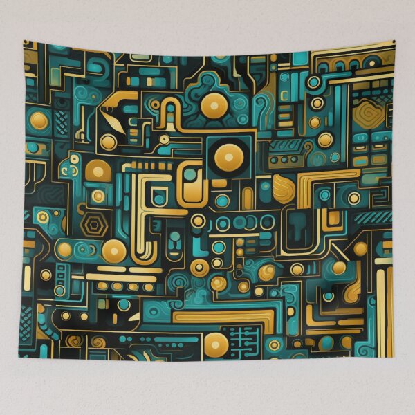 Item preview, Colorful fantasy pattern orange blue white green turquoise yellow black ornaments circuit diagram designed and sold by G-M-Designs.