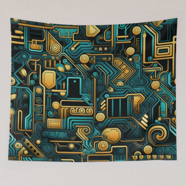 Item preview, Colorful fantasy pattern orange blue white green turquoise yellow black ornaments circuit diagram designed and sold by G-M-Designs.