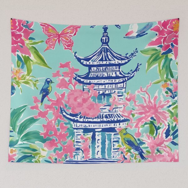 Artikelvorschau, Chinoiserie-Pagoden, Vögel, Blumen, Schmetterlinge auf Enteneiblau entworfen und verkauft von SophieClimaArt.