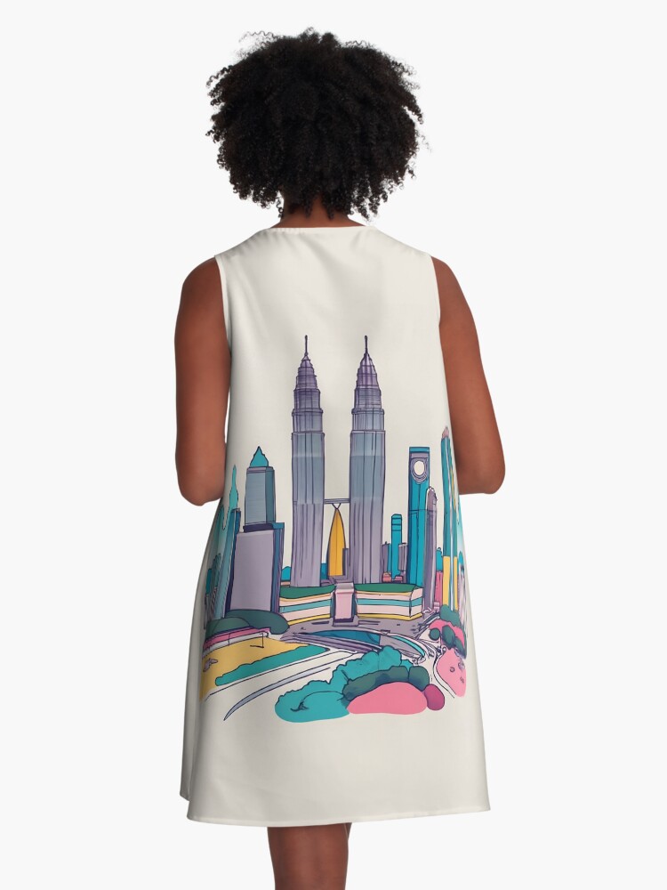 Thumbnail 3 of 4, A-Line Dress, Kuala Lumpur Skyline Minimalistic Drawing designed and sold by Patricks-Art.
