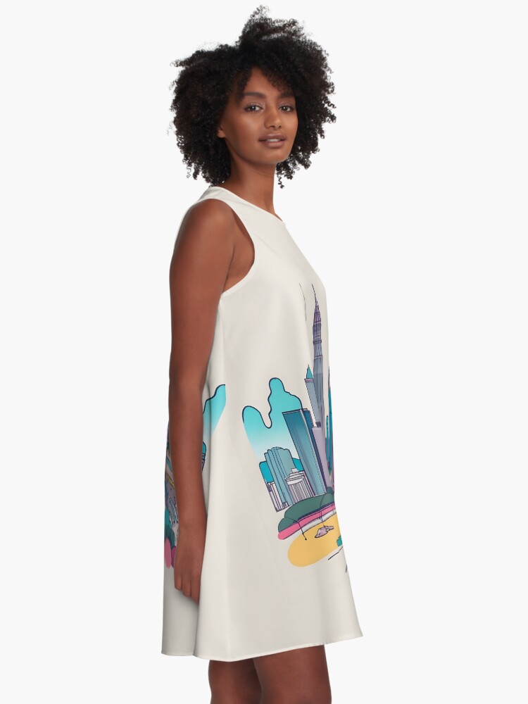 Thumbnail 2 of 4, A-Line Dress, Kuala Lumpur Skyline Minimalistic Drawing designed and sold by Patricks-Art.