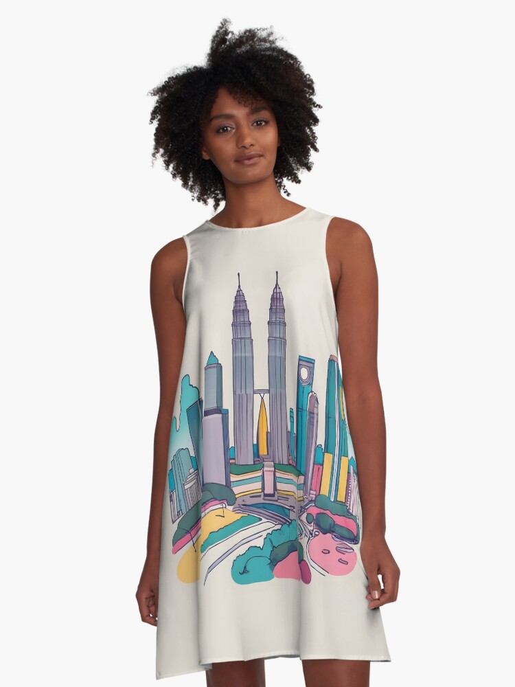 Thumbnail 1 of 4, A-Line Dress, Kuala Lumpur Skyline Minimalistic Drawing designed and sold by Patricks-Art.