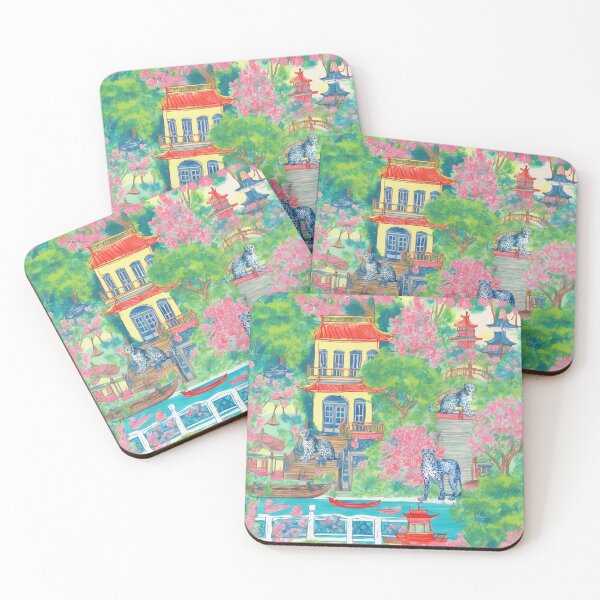 Item preview, Blue cheetahs in preppy chinoiserie gardens designed and sold by SophieClimaArt.