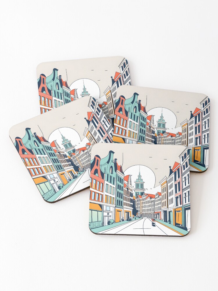 Thumbnail 1 of 5, Coasters (Set of 4), Amsterdam City Skyline Drawing designed and sold by Patricks-Art.