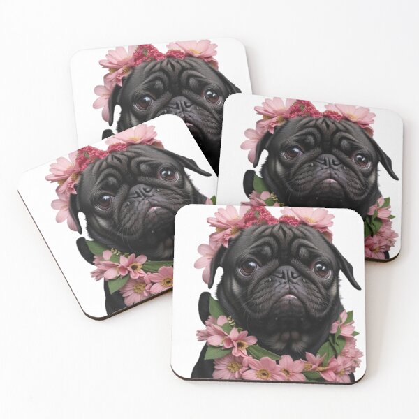 Item preview, BLACK PUG WITH FLOWERS designed and sold by Erikasinhag.