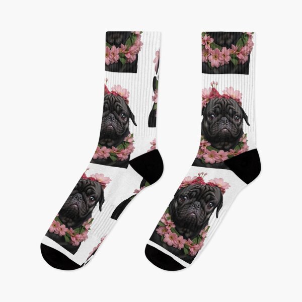 Item preview, BLACK PUG WITH FLOWERS designed and sold by Erikasinhag.