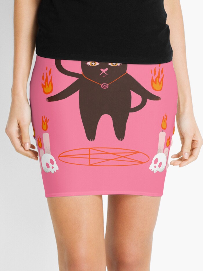 Mini Skirt, Cute halloween black cat witchcraft illustration designed and sold by WeirdyTales