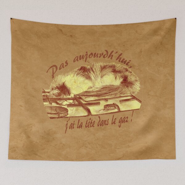 Item preview, Tricolor cat, head in the gas - brown marbled version, text in French designed and sold by SylvieG18.