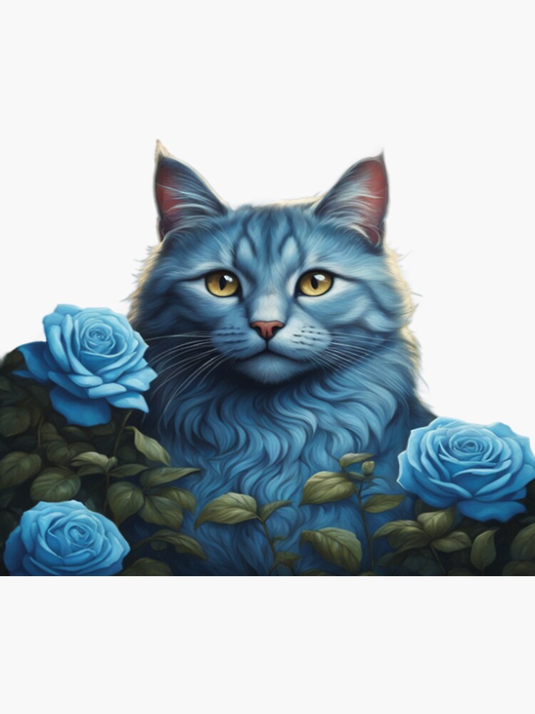 Mesmerising Blue Cat With Blue Roses | Sticker