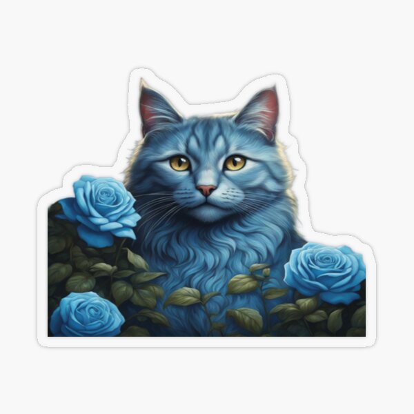 Mesmerising Blue Cat With Blue Roses | Sticker