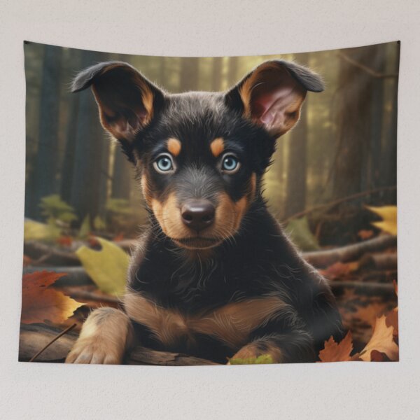 Item preview, Working Kelpie Puppy in Autumn designed and sold by ZenEverAI.