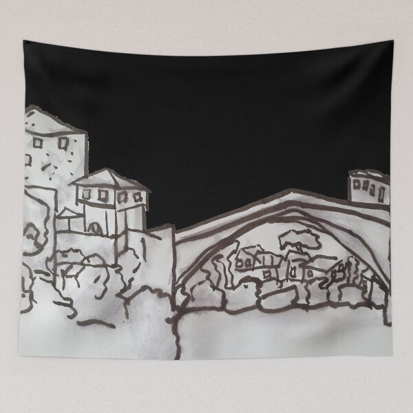 Item preview, Stari Most Old Bridge Mostar Bosnia brush pen drawing  designed and sold by WorldOfWendyArt.