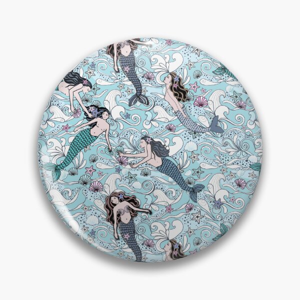 Item preview, Mermaids swimming in a light teal ocean with seashells and starfish designed and sold by MagentaRose.