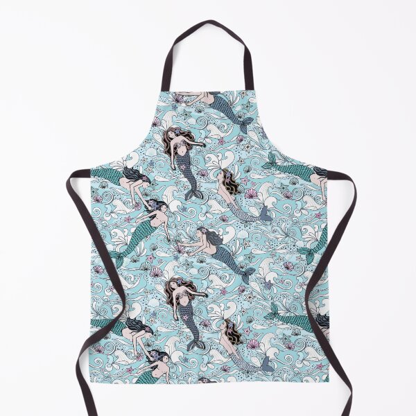 Item preview, Mermaids swimming in a light teal ocean with seashells and starfish designed and sold by MagentaRose.