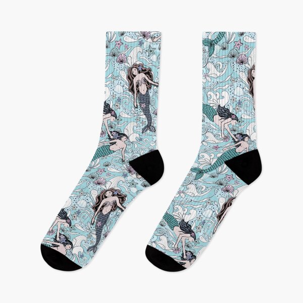 Item preview, Mermaids swimming in a light teal ocean with seashells and starfish designed and sold by MagentaRose.