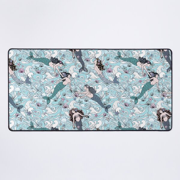 Item preview, Mermaids swimming in a light teal ocean with seashells and starfish designed and sold by MagentaRose.
