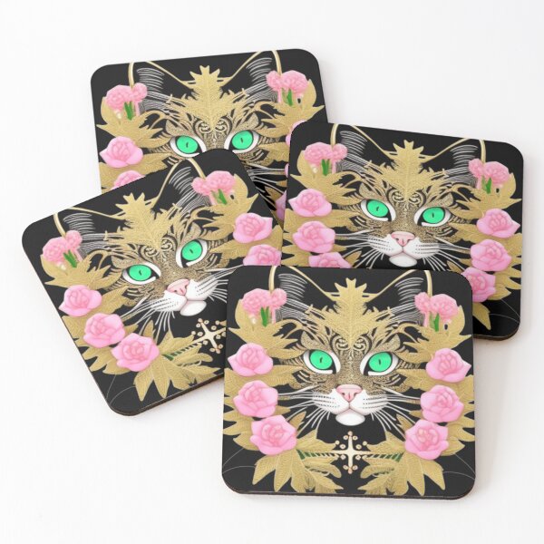 Item preview, Gold and black kitty with pink flowers  designed and sold by Roxburylane.