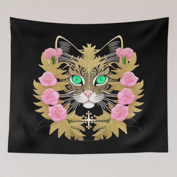 Item preview, Gold and black kitty with pink flowers  designed and sold by Roxburylane.
