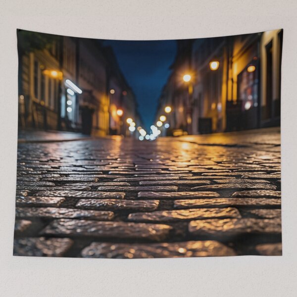 Item preview, macro cobblestone street at dusk print designed and sold by dcrc.