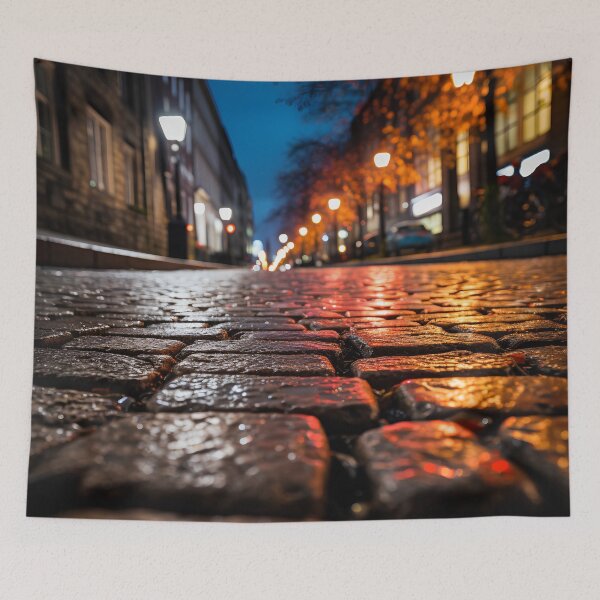 Item preview, macro cobblestone street at dusk print designed and sold by dcrc.