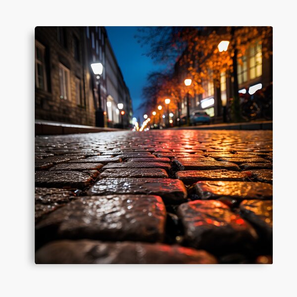 Item preview, macro cobblestone street at dusk print designed and sold by dcrc.