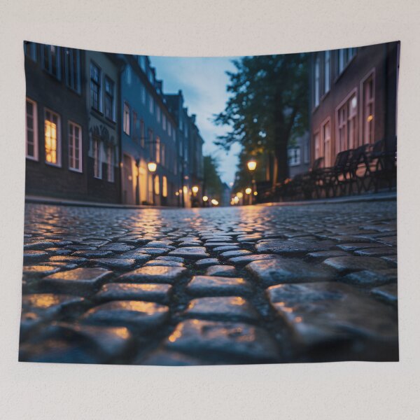 Item preview, macro cobblestone street at dusk print designed and sold by dcrc.