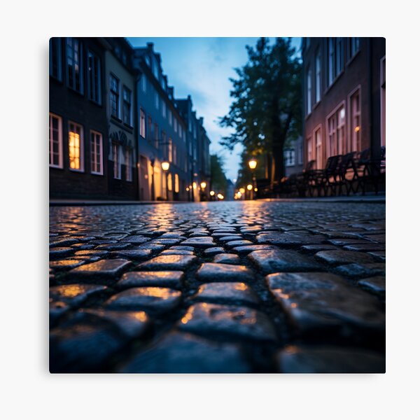 Item preview, macro cobblestone street at dusk print designed and sold by dcrc.