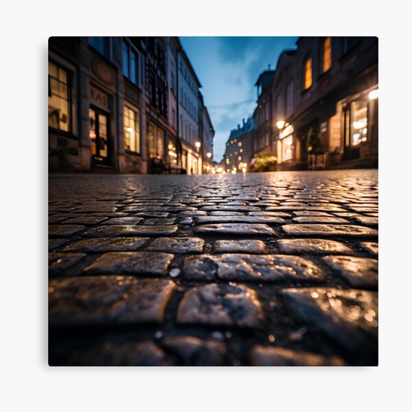 Item preview, macro cobblestone street at dusk print designed and sold by dcrc.