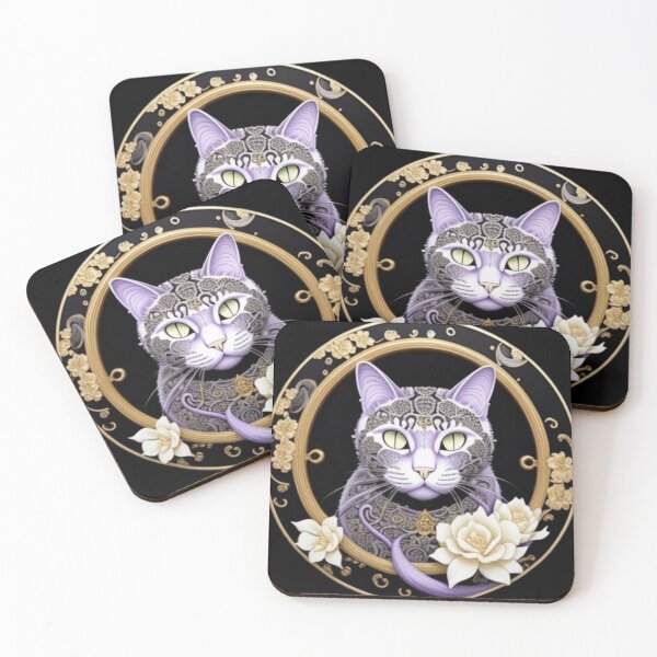 Item preview, Purple tattooed cat with ivory colored flowers  designed and sold by Roxburylane.