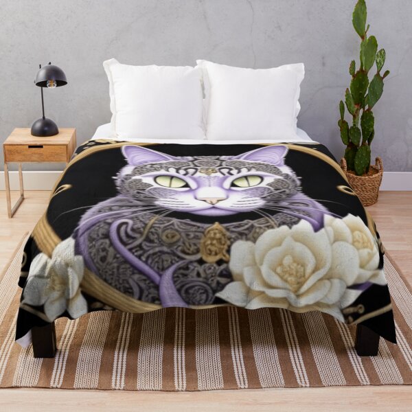 Item preview, Purple tattooed cat with ivory colored flowers designed and sold by Roxburylane.