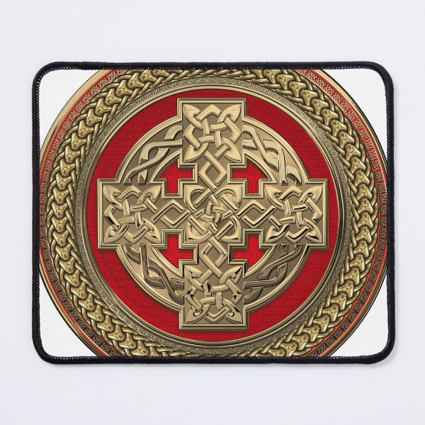 Item preview, Golden Celtic Knot Cross over Red with Gold Medallion over White Leather designed and sold by Serge Averbukh Art Studio.