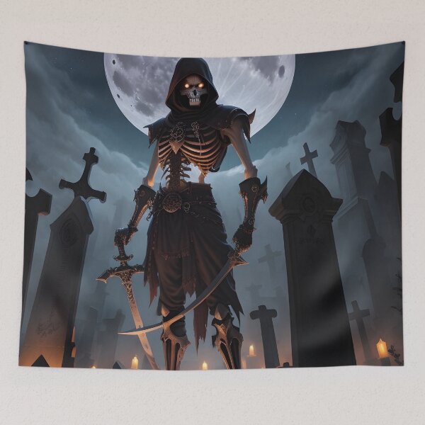 Item preview, Fantasy Evil Skeleton Warrior with Dual Swords in Moonlit Cemetery designed and sold by ratchawoot.