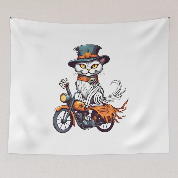 Item preview, White Mummy Cat Rides a Halloween Motorcycle designed and sold by BloomCatB.