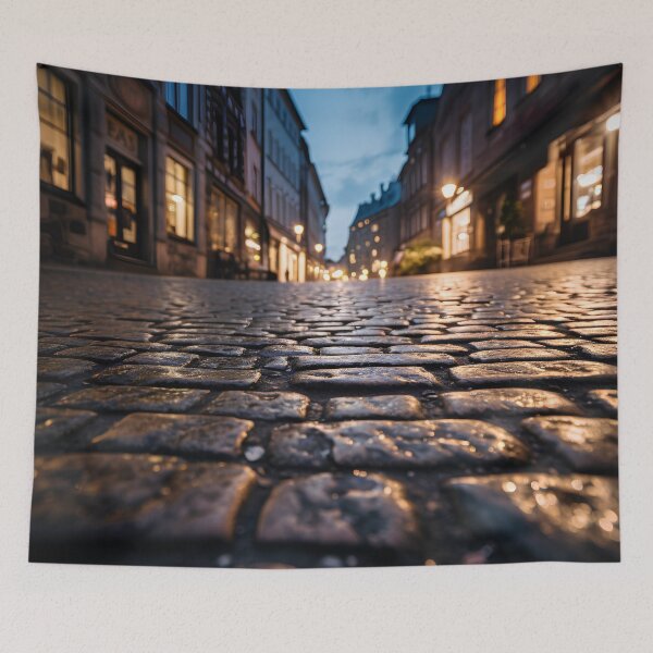 Item preview, macro cobblestone street at dusk print designed and sold by dcrc.