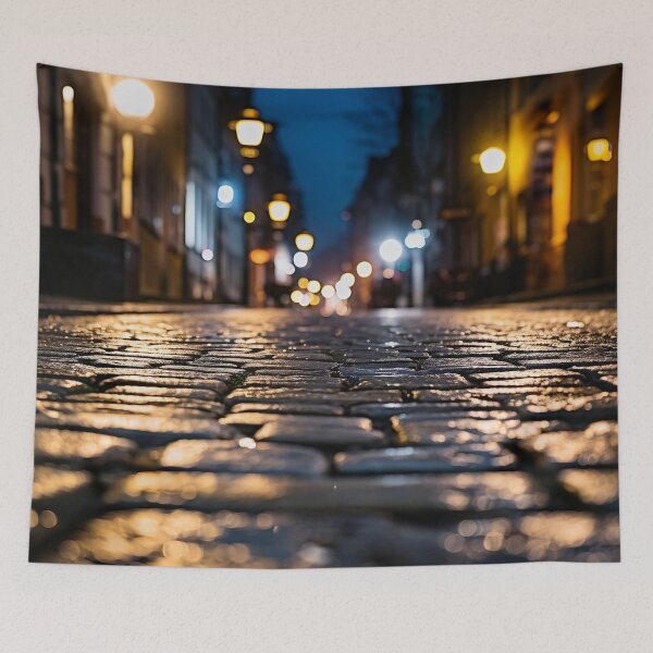 Item preview, Macro cobblestone street at dusk print designed and sold by dcrc.