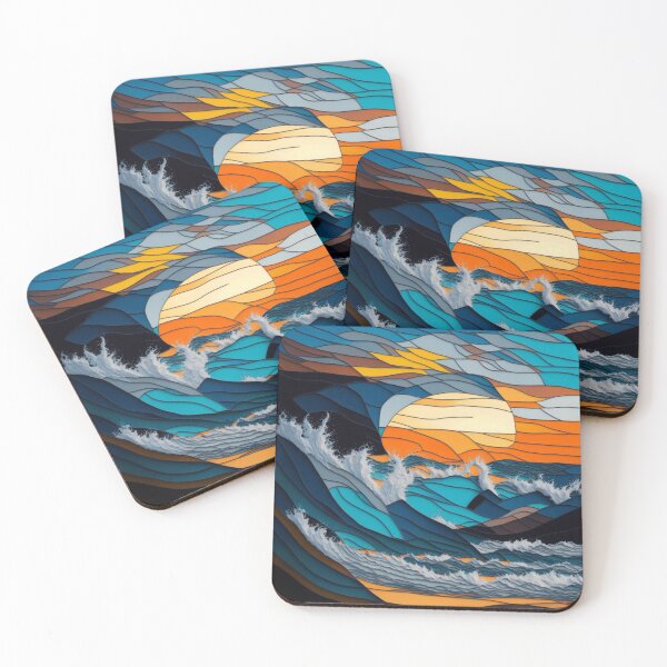 Item preview, Stained Glass Horizons: Waves Crashing on Sand in Minimalist Seascape designed and sold by RedArtG09.
