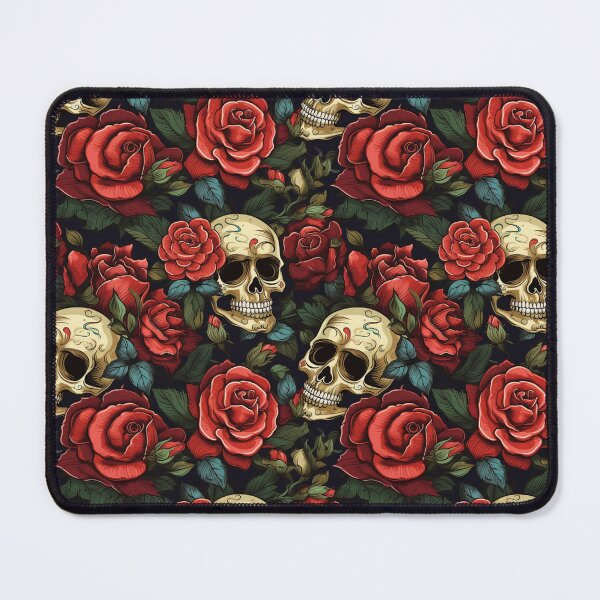 Item preview, Groovy Smiling Skull Boho Red Rose pattern designed and sold by ElLocoMus.