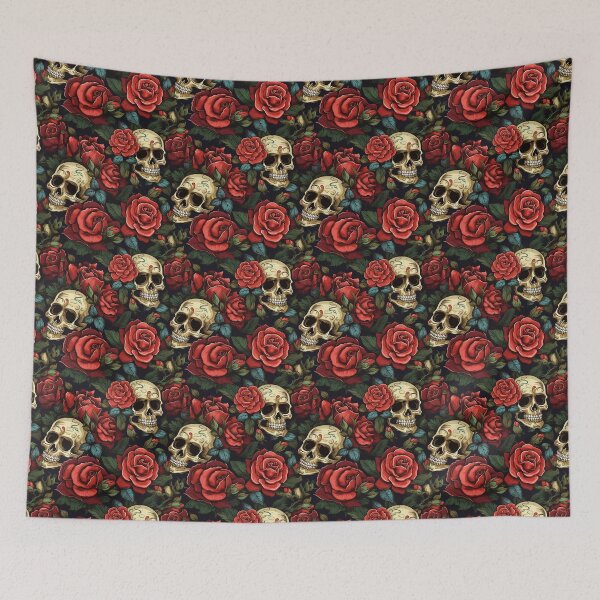 Item preview, Groovy Smiling Skull Boho Red Rose pattern designed and sold by ElLocoMus.