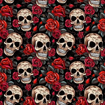 Artwork thumbnail, Groovy Smiling Skull Boho Roses pattern by ElLocoMus