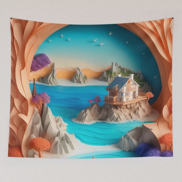 Item preview, Secluded Beach House Papercut Art designed and sold by Ceemko's Vintage Corner.