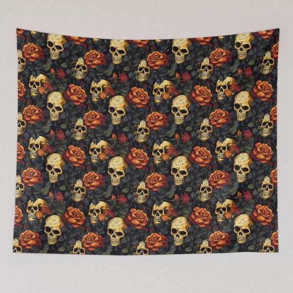 Item preview, Groovy Smiling Skull Boho Orange Rose pattern designed and sold by ElLocoMus.