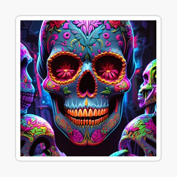 day of the dead, neon sugar skull, halloween gift, psychedelic art, trippy Sticker