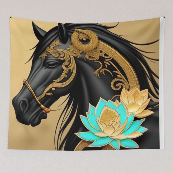 Aperçu de l'œuvre Cheval noir et lotus cyan créée et vendue par Roxburylane.