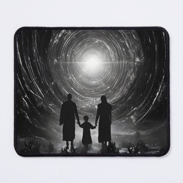 Item preview, A family walking towards a light showing tunnel in the style of cosmic symbolism designed and sold by AI-Only Creations.