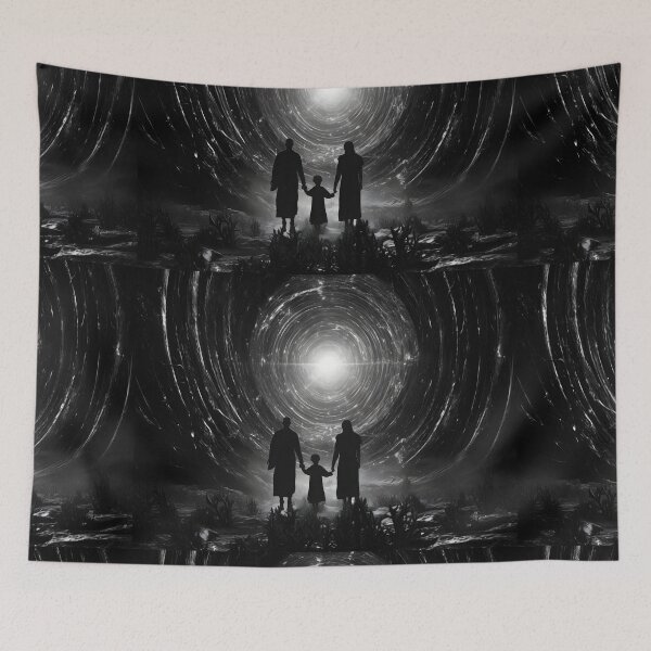 Item preview, A family walking towards a light showing tunnel in the style of cosmic symbolism designed and sold by AI-Only Creations.