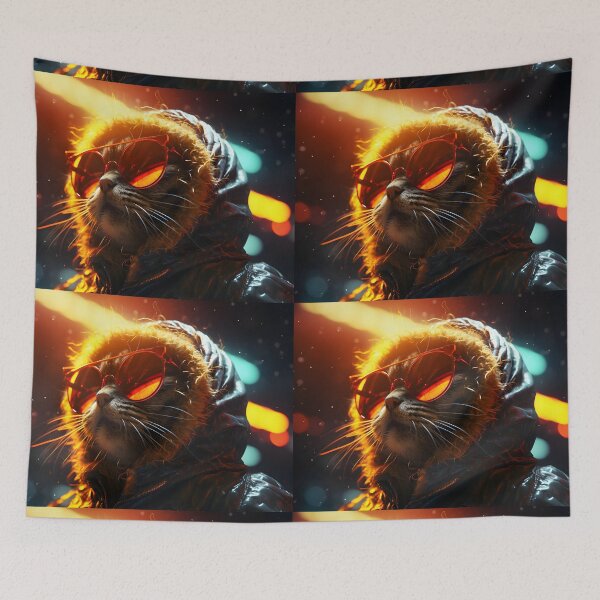 Item preview, A streetcat with sunglasses and a fur hood in the style of glowing colors and neon-lit realism designed and sold by AI-Only Creations.