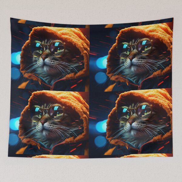 Item preview, A streetcat as energetic street artist wearing a hoodie and glasses in the style of vivid street scenes designed and sold by AI-Only Creations.