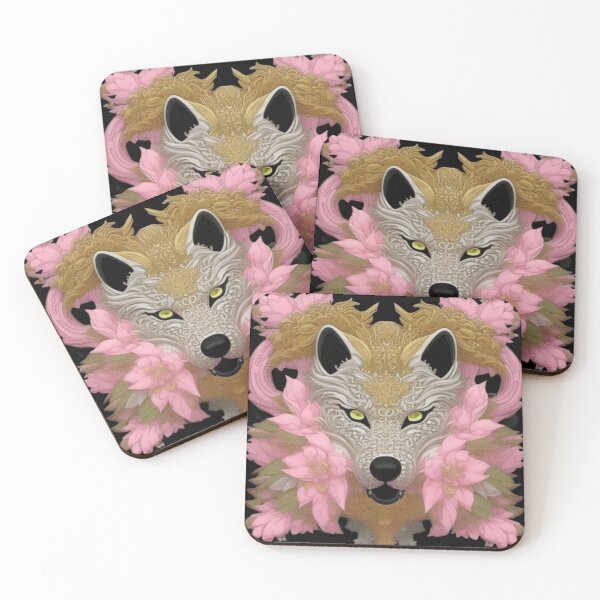 Item preview, Grey wolf and pink flowers  designed and sold by Roxburylane.