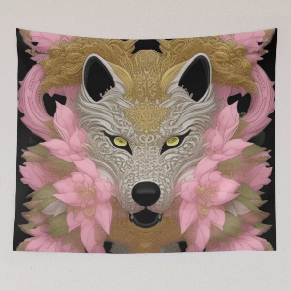 Item preview, Grey wolf and pink flowers  designed and sold by Roxburylane.